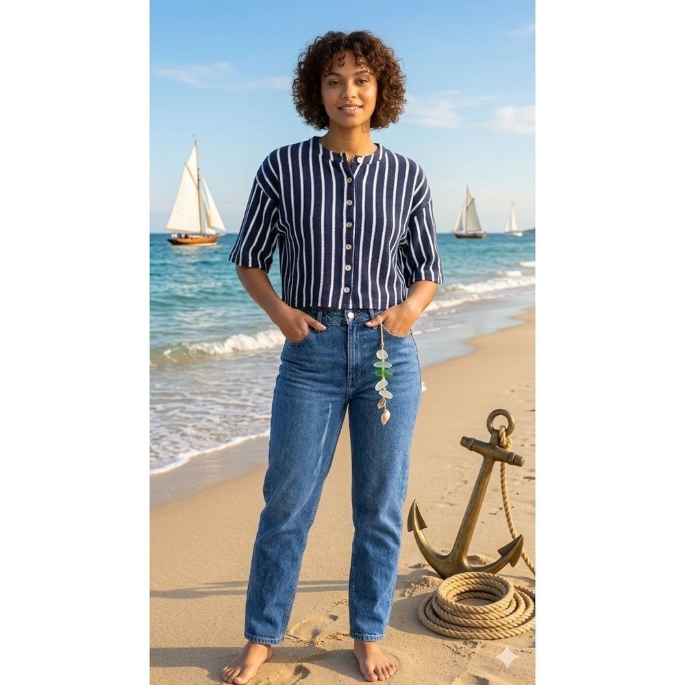 ASOS DESIGN Womens Nautical Coastal Navy White Striped Knit Cropped Cardigan S